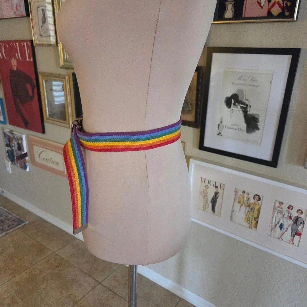 Rainbow‎ Striped Web Belt with Rhinestone Flip Top Buckle 90s Pride Accessory